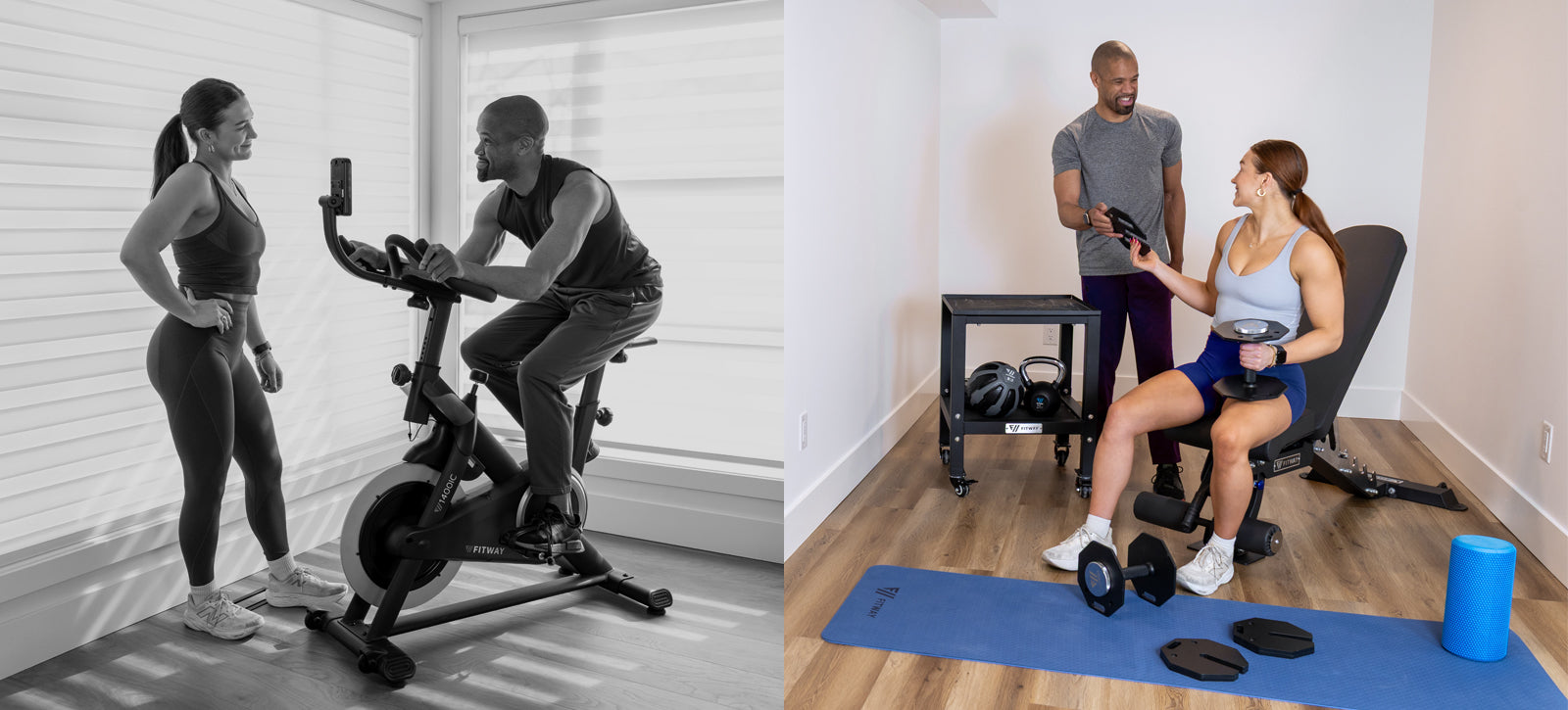 Two people using a stationary bike and weightlifting equipment in a home setting.
